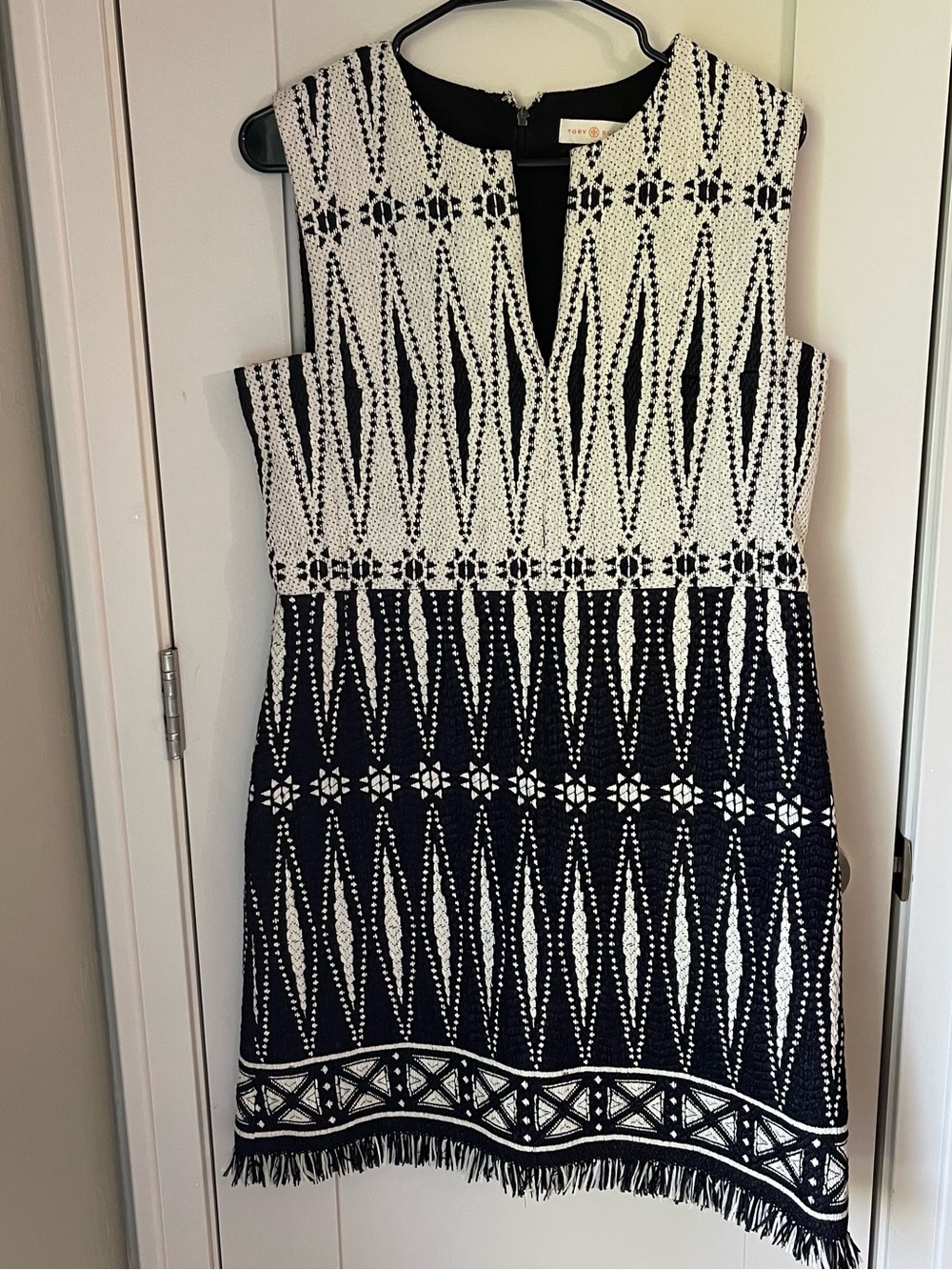 Tory Burch Women’s Black Ivory Tweed Fringe Dress Size 8 Sleeveless